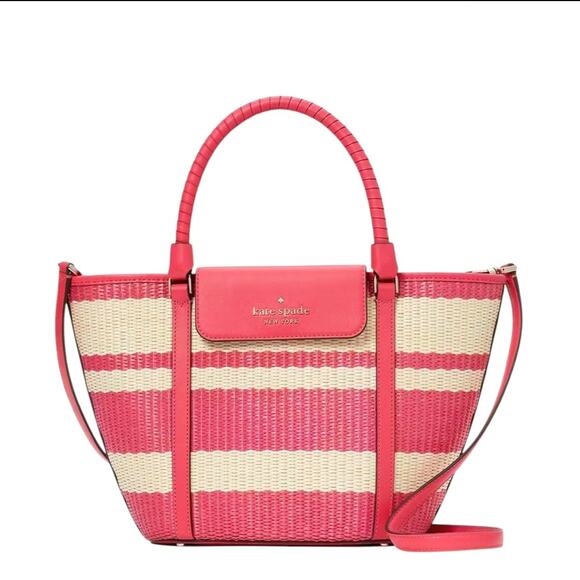 KATE SPADE MEDIUM STRAW / LEATHER CRUISE TOTE IN BIKINI PINK SPRING SUMMER PURSE - Picture 1 of 9